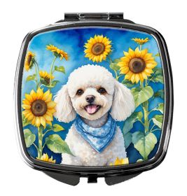 NEW White Poodle in Sunflowers Compact Mirror Decorative Travel Makeup Mirror for Women Girls Gifts Pocket Makeup Mirror Folding Handheld