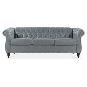 84.65" Rolled Arm Chesterfield 3 Seater Sofa. (Color: Grey)