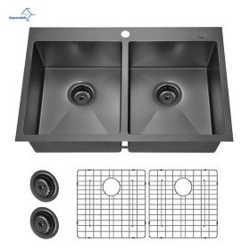 Aqucubic Gunmetal Black CUPC Handmade 304 Stainless Steel Topmount Kitchen Sink with Accessories and faucet (Thickness: 18 Gauge, Color: ACS3322A2T)