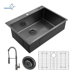 Aqucubic Gunmetal Black CUPC Handmade 304 Stainless Steel Topmount Kitchen Sink with Accessories and faucet (Thickness: 18 Gauge, Color: ACS3022A1T-F)