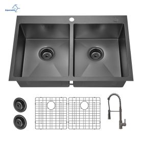 Aqucubic Gunmetal Black CUPC Handmade 304 Stainless Steel Topmount Kitchen Sink with Accessories and faucet (Thickness: 18 Gauge, Color: ACS3322A2T-F)