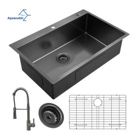 Aqucubic Gunmetal Black CUPC Handmade 304 Stainless Steel Topmount Kitchen Sink with Accessories and faucet (Thickness: 18 Gauge, Color: ACS3322A1T-F)