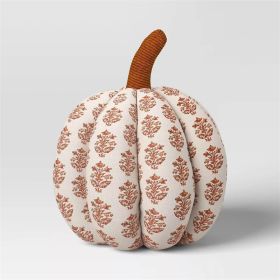 Block Print Shaped Pumpkin Throw Pillow Neutral/Orange (Color: Neutral/Orange)